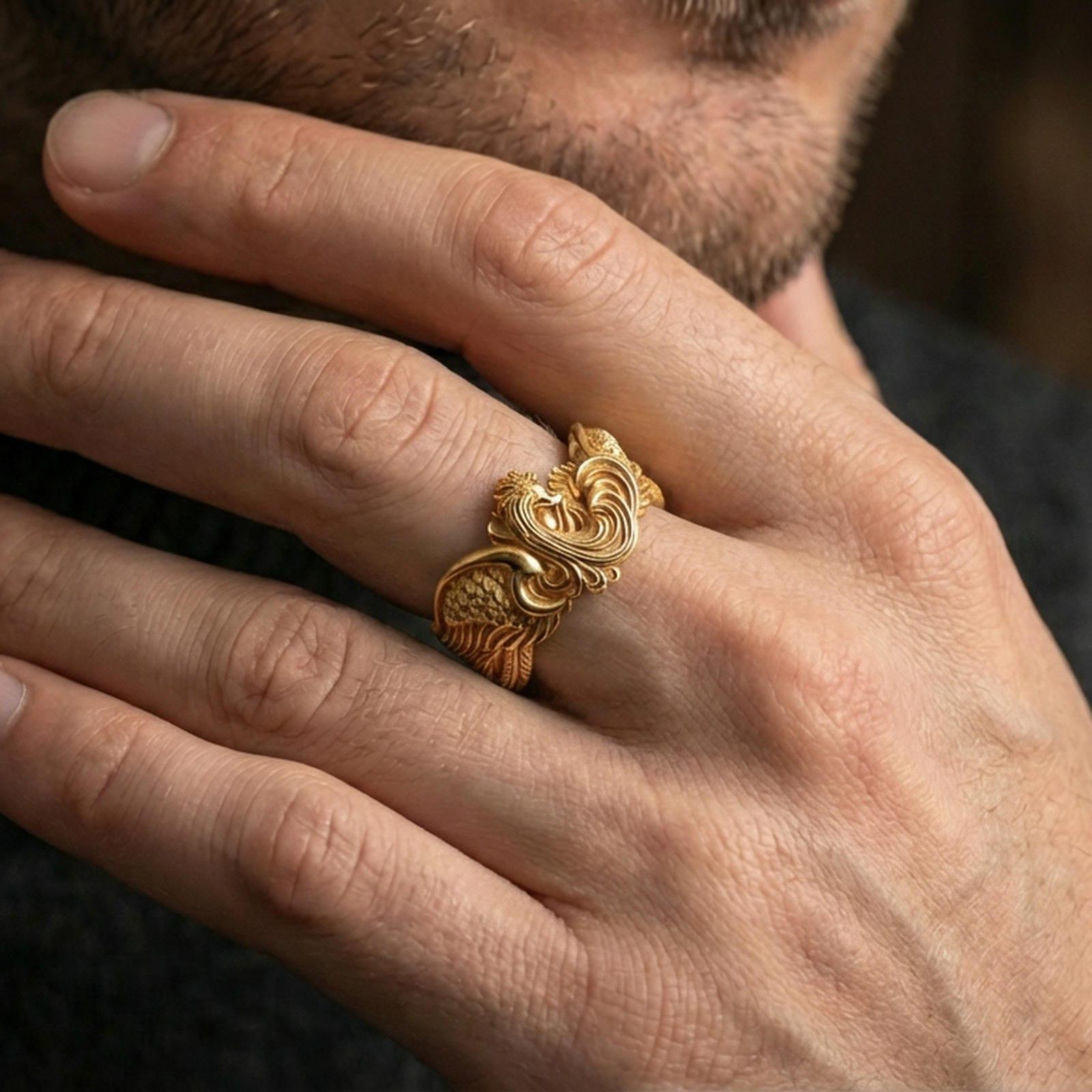Gold plated rooster statement ring worn on a finger, warm shine highlighting the rooster crest, wings, and tail design.