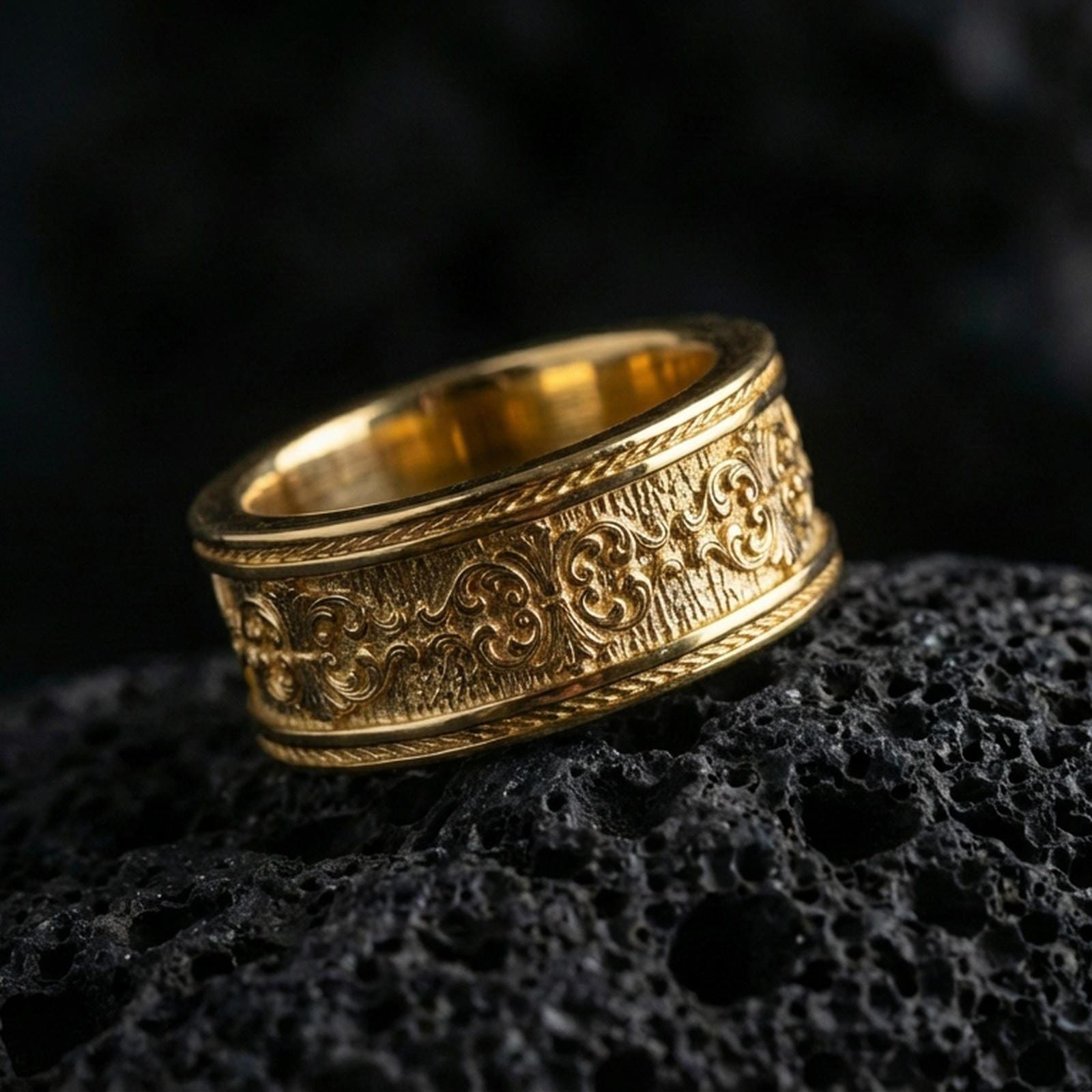 Engraved filigree ring displayed on volcanic rock with a gold plated finish, emphasizing the raised scrollwork and patterned edges.