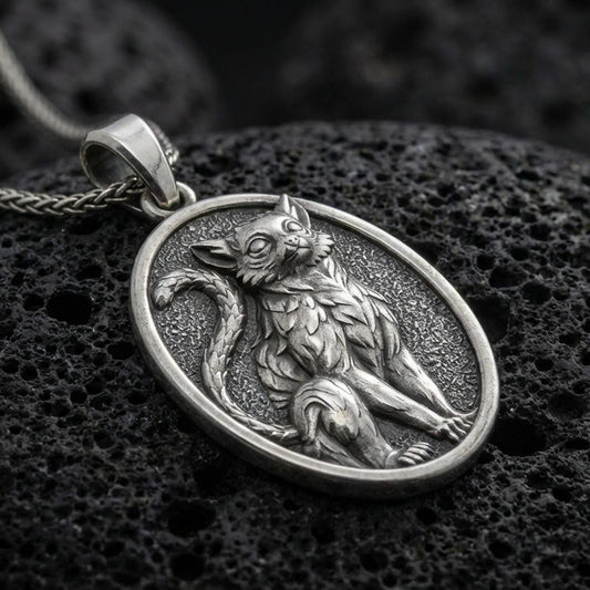 A 925 sterling silver cat pendant on black volcanic stone, with an oxidized finish highlighting the seated feline relief.