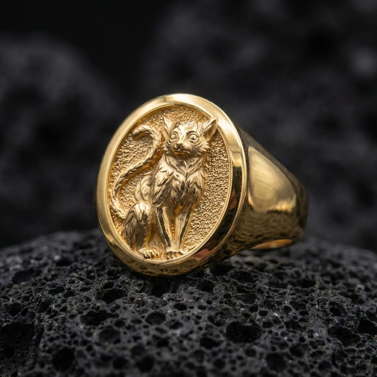A gold plated cat signet ring on black volcanic stone, featuring a raised feline figure in a clean oval frame.