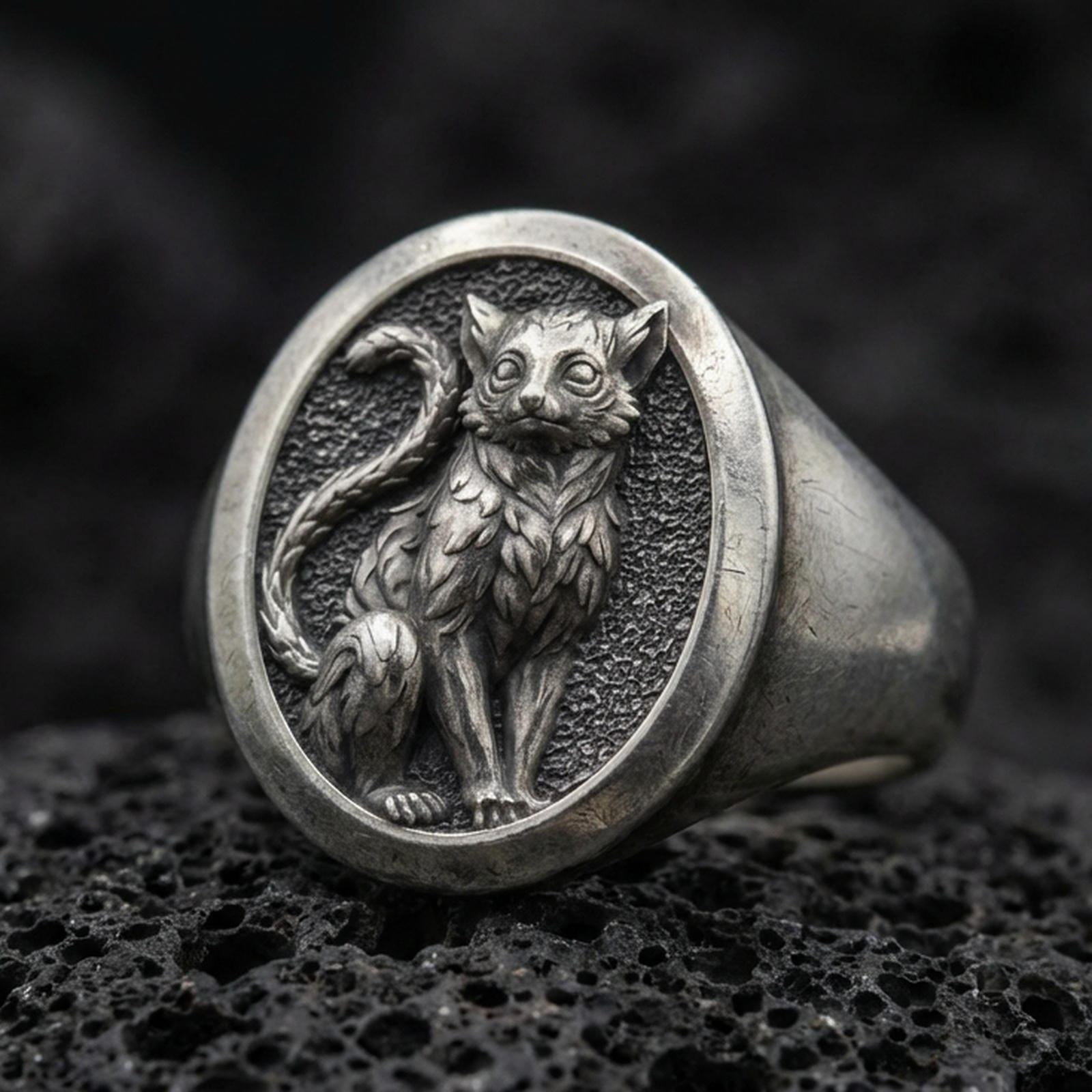 A 925 sterling silver cat signet ring on black volcanic stone, with an oxidized finish bringing depth to the feline relief.