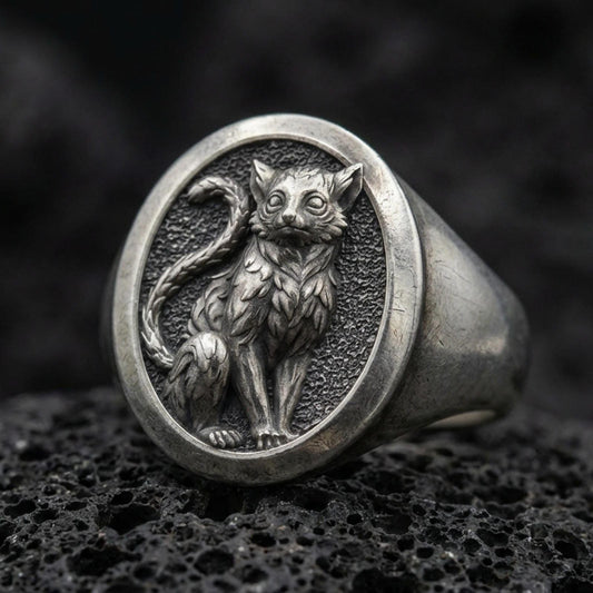 A 925 sterling silver cat signet ring on black volcanic stone, with an oxidized finish bringing depth to the feline relief.