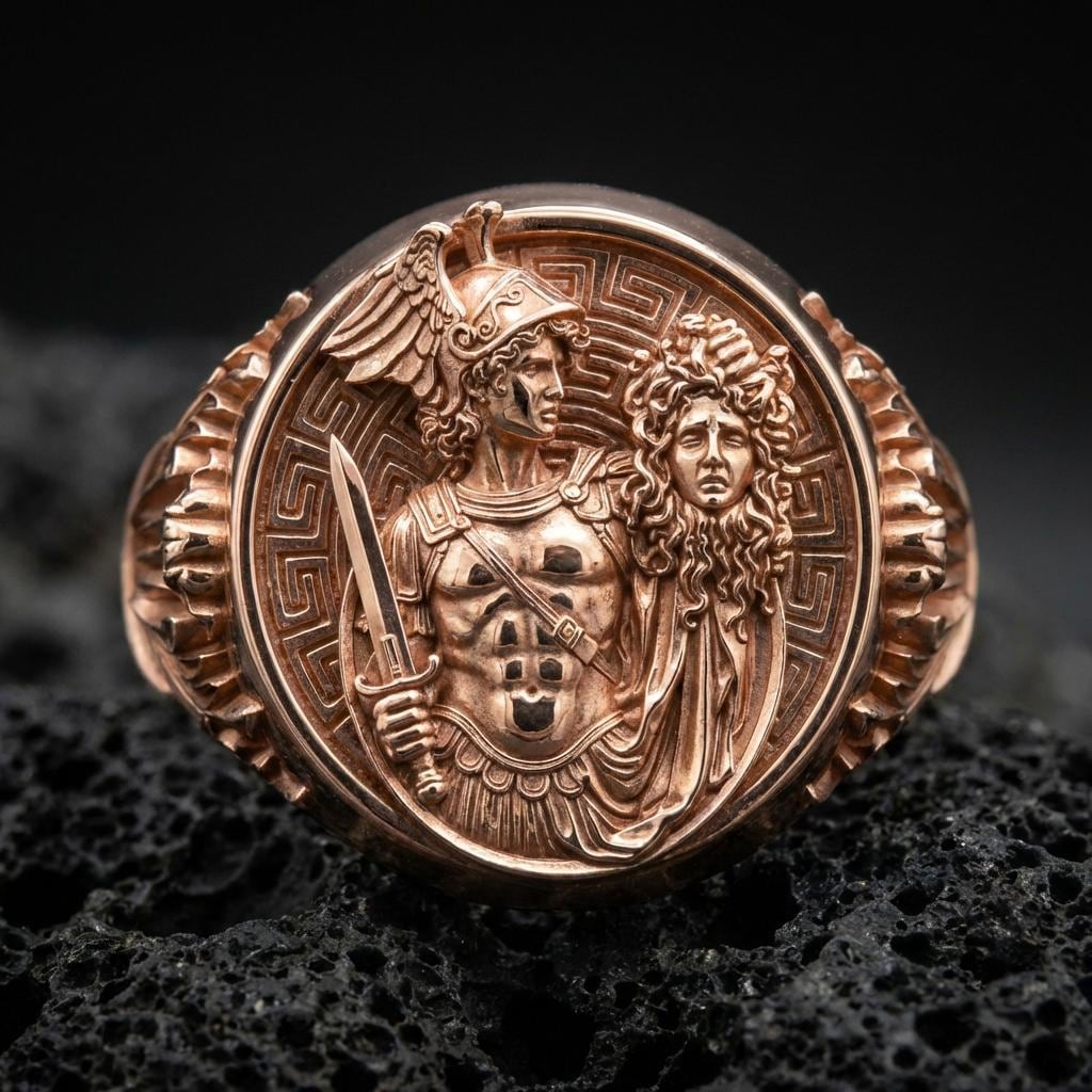 A rose gold plated Medusa head signet ring on volcanic rock, bold oval face with mythological warrior symbolism.