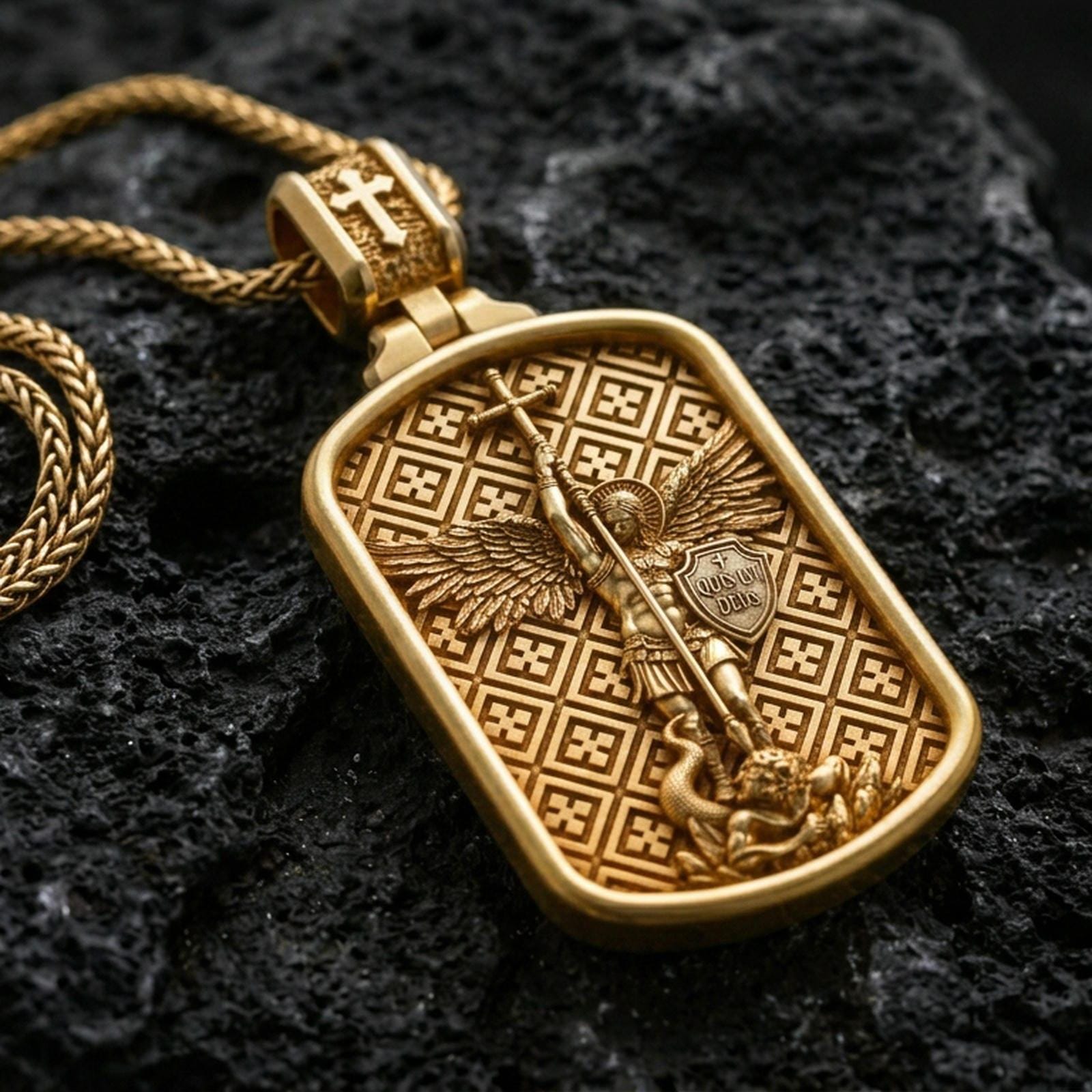 Saint Michael dog tag pendant on volcanic stone with a bright gold plated look, emphasizing the geometric background and raised archangel details.