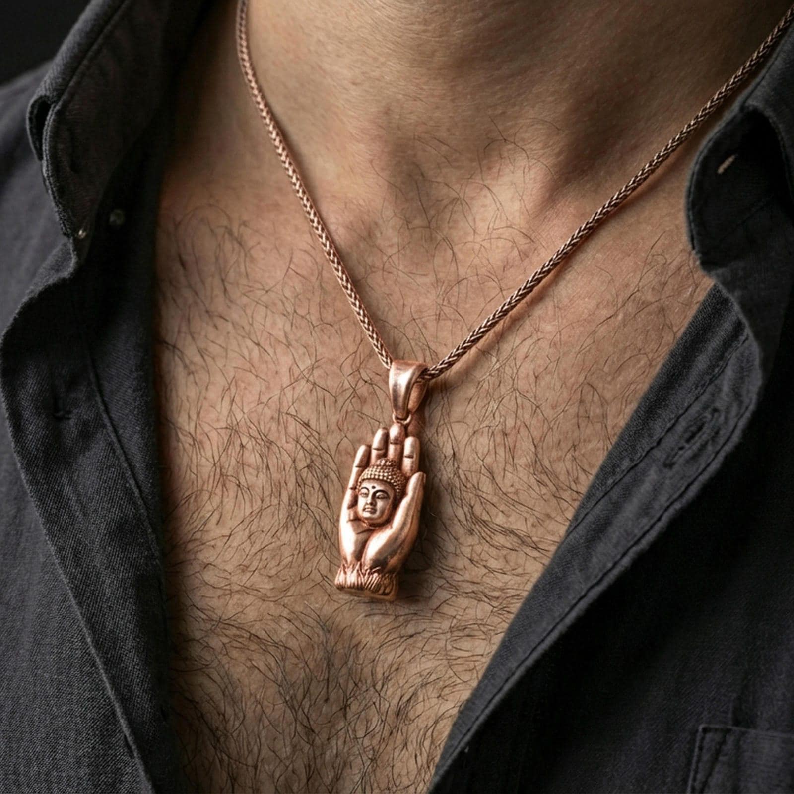 Buddha hand necklace worn on the neck in a lifestyle shot, presenting the full pendant silhouette and everyday styling.