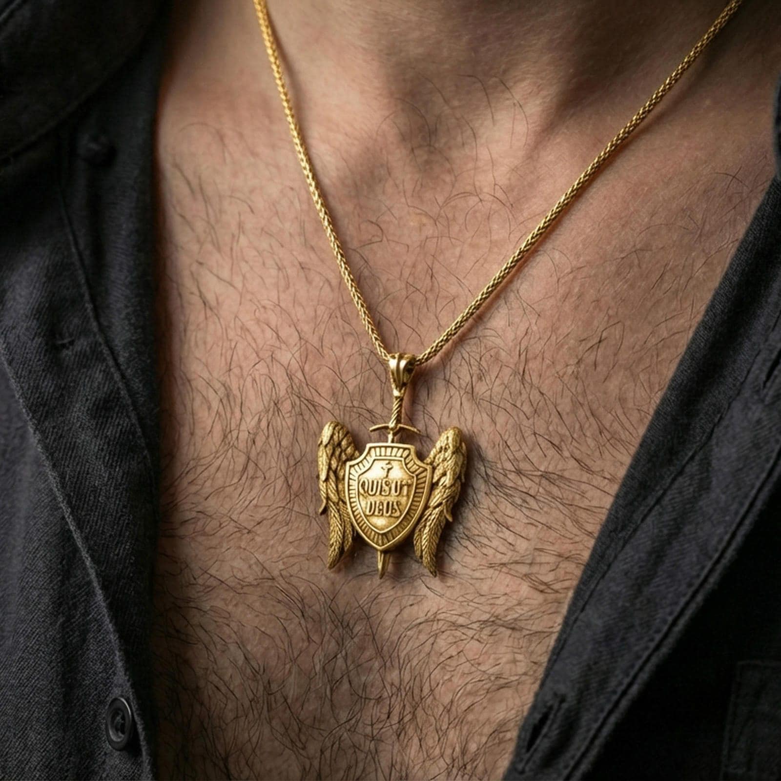 Gold plated Saint Michael inspired pendant with sword and angel wings worn on the neck in a premium lifestyle composition with bold Christian styling