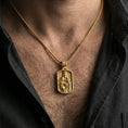 Load image into Gallery viewer, Gold plated Virgin Mary and Child pendant worn on the neck in a premium lifestyle composition with classic Christian jewelry styling
