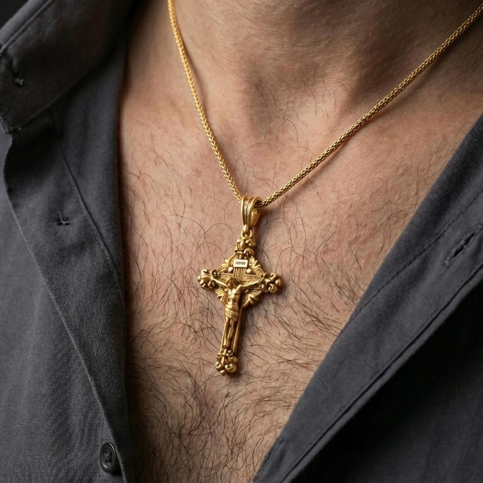 Gold plated crucifix pendant with baroque detailing and Christ relief worn on the neck in a premium lifestyle composition with classic Christian jewelry styling