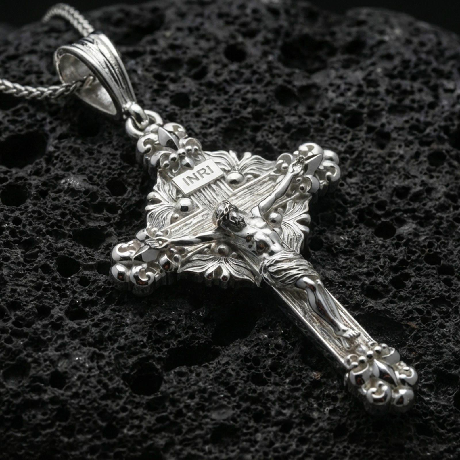 Polished silver crucifix pendant with sculpted Christ figure, floral gothic accents, and INRI detail placed on textured volcanic rock in a premium studio product shot