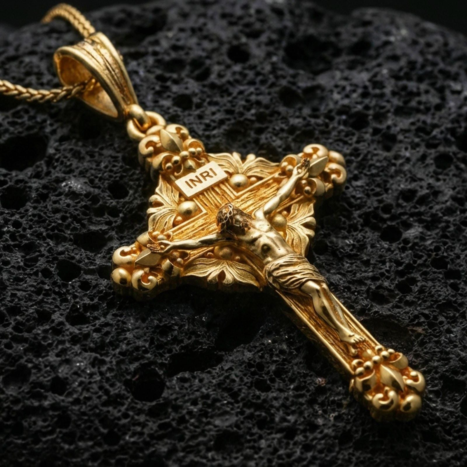 Gold plated Jesus cross pendant with ornate decorative ends, raised corpus relief, and INRI inscription showcased on black volcanic rock in a refined macro jewelry image