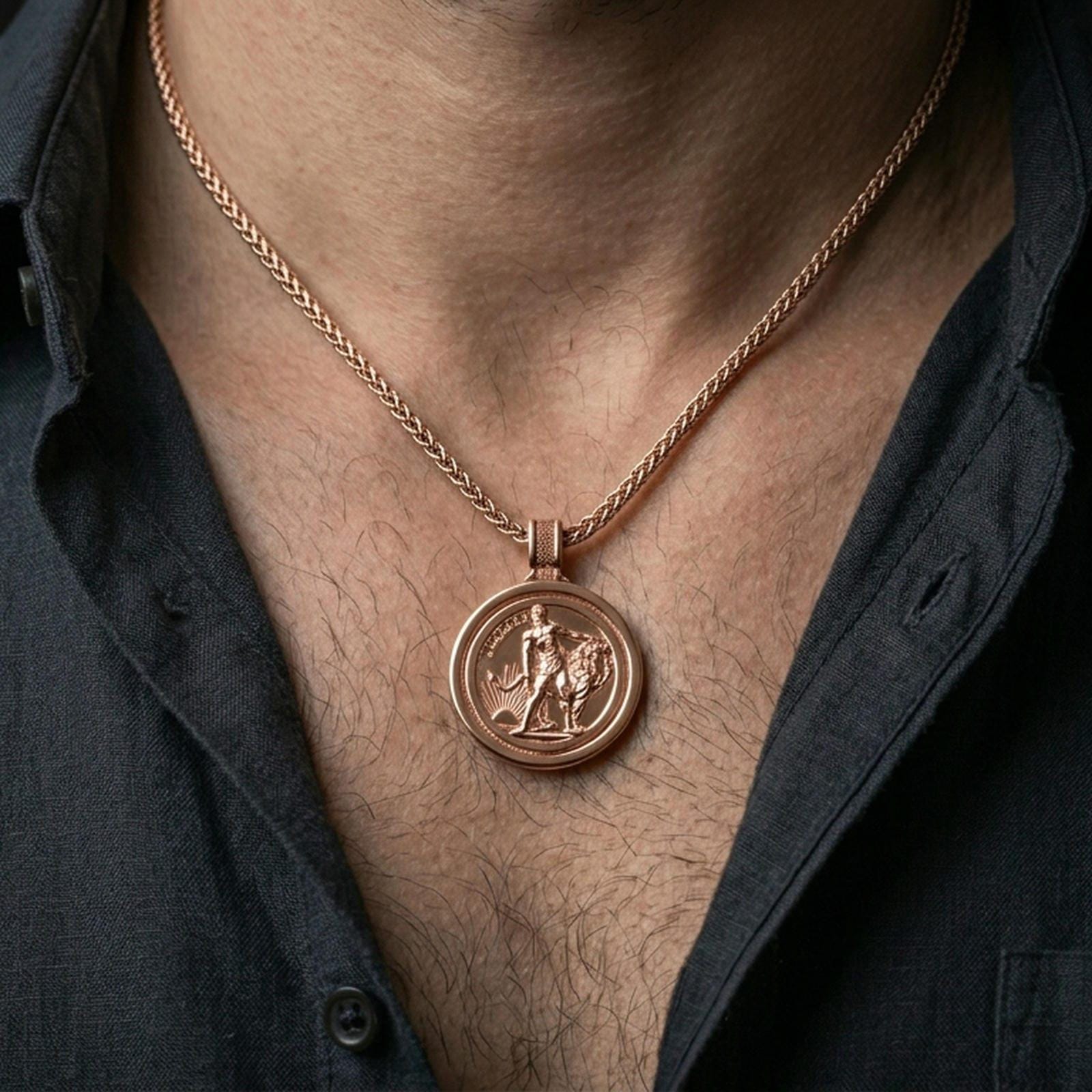 Rose gold plated Lion of Judah spinner necklace worn on the neck in a refined lifestyle shot with a warm and powerful presentation