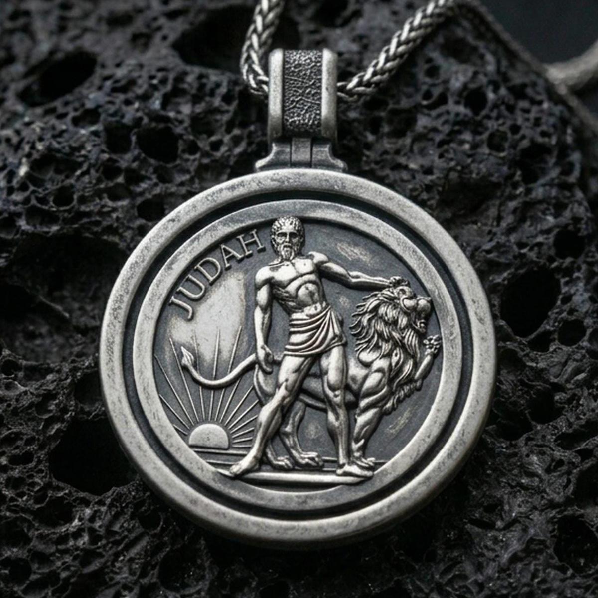 Oxidized Lion of Judah rotating pendant with a circular medallion design, lion figure, and Judah inscription displayed on dark volcanic rock in a close-up luxury jewelry composition