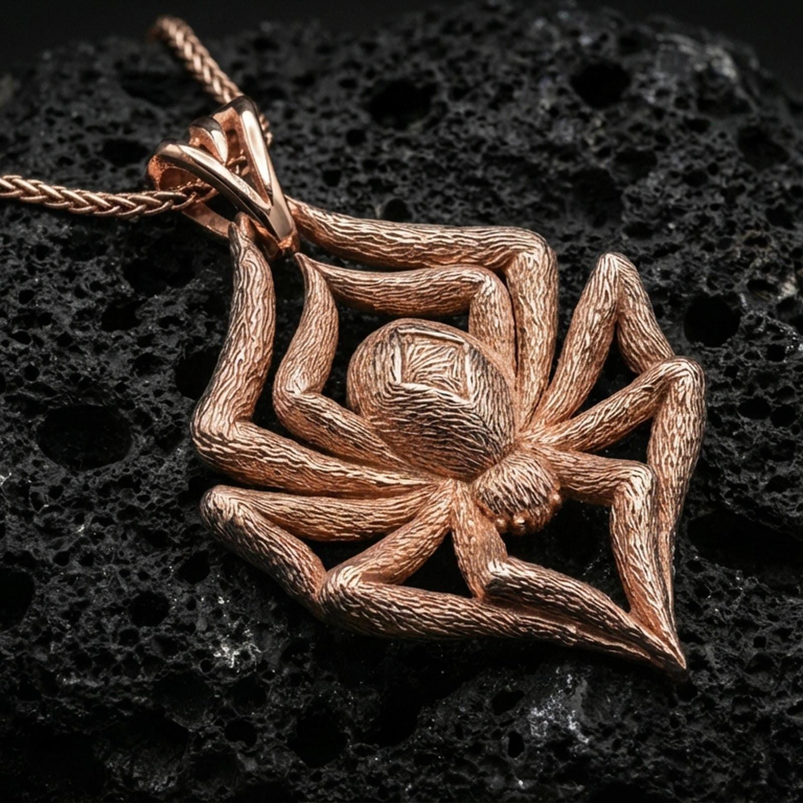 Rose gold plated spider necklace with realistic arachnid form, detailed body relief, and elegant dark nature-inspired design resting on volcanic rock in an elegant close-up product presentation