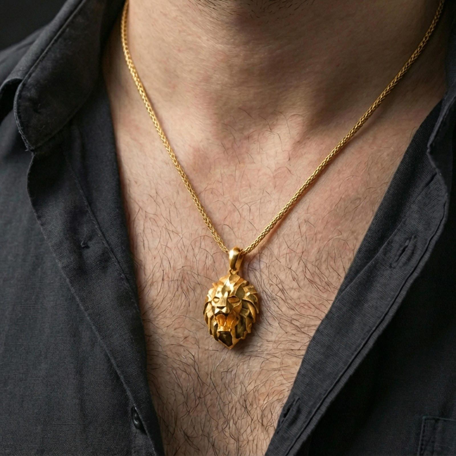 Gold plated polygonal lion pendant with sharp geometric lion face, faceted modern design, and spirit animal symbolism worn on the neck in a premium lifestyle composition with bold animal-inspired jewelry styling
