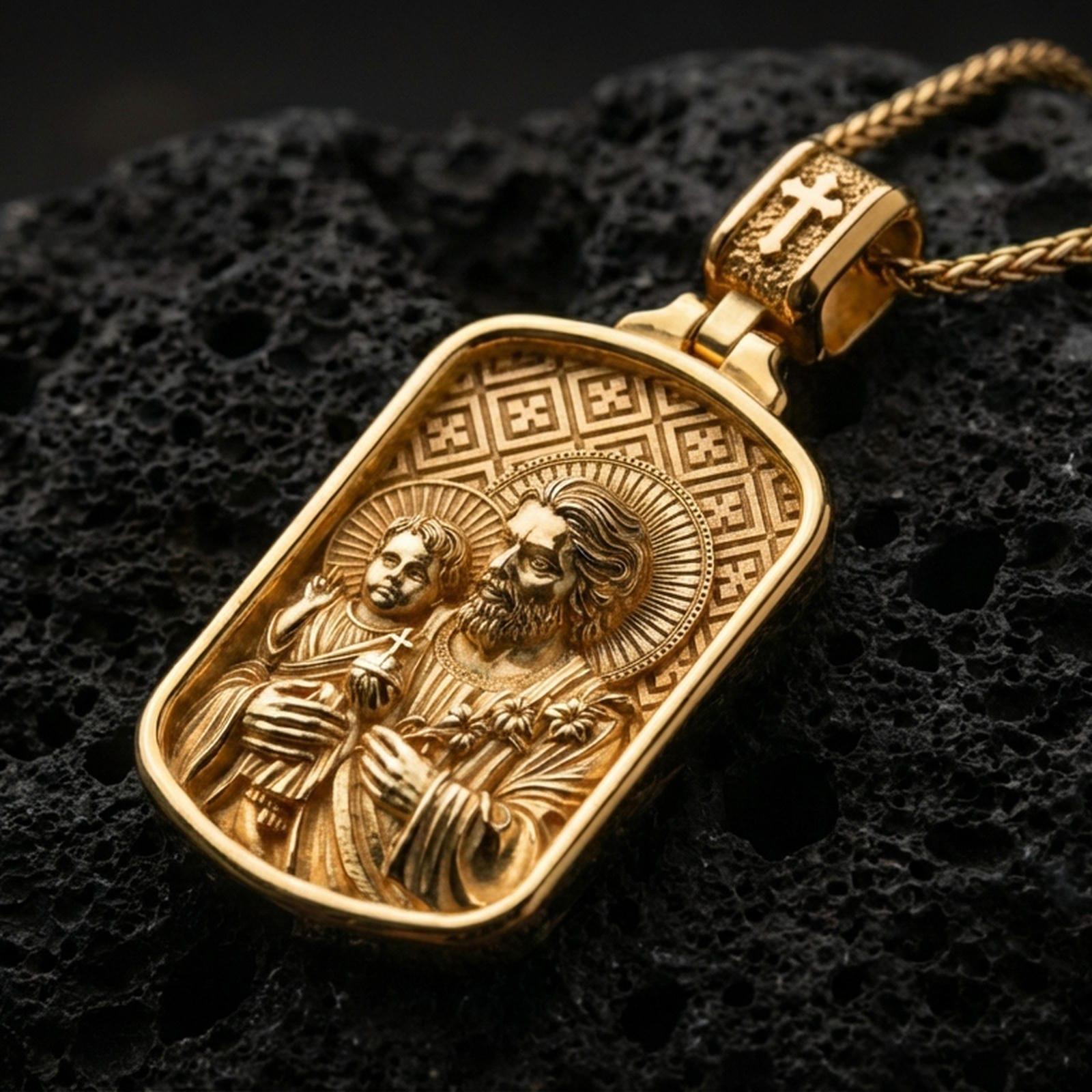 Gold plated Saint Joseph necklace with Jesus child figure, detailed sacred portrait, and engraved patterned background showcased on black volcanic rock in a refined macro jewelry image