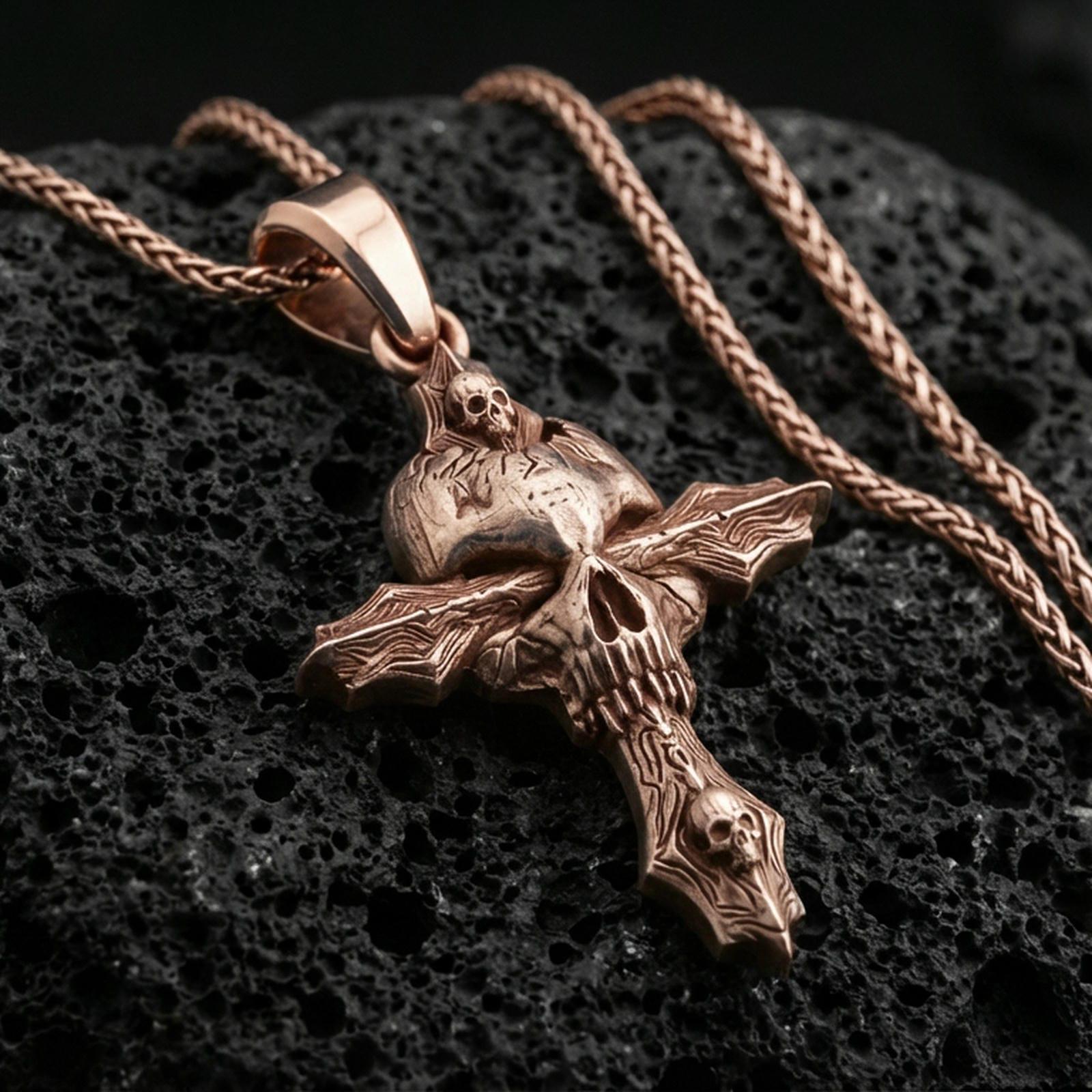 Rose gold plated gothic skull pendant with dramatic cross silhouette, sculpted skull relief, and intricate engraved texture resting on volcanic rock in an elegant close-up product presentation