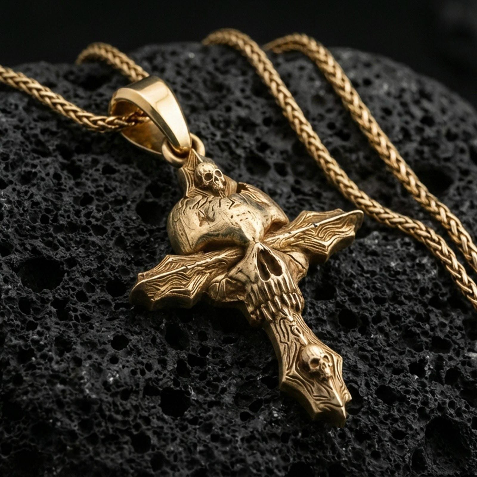 Gold plated skull cross pendant with gothic styling, raised bone-like textures, and detailed skull accents showcased on black volcanic rock in a refined macro jewelry image
