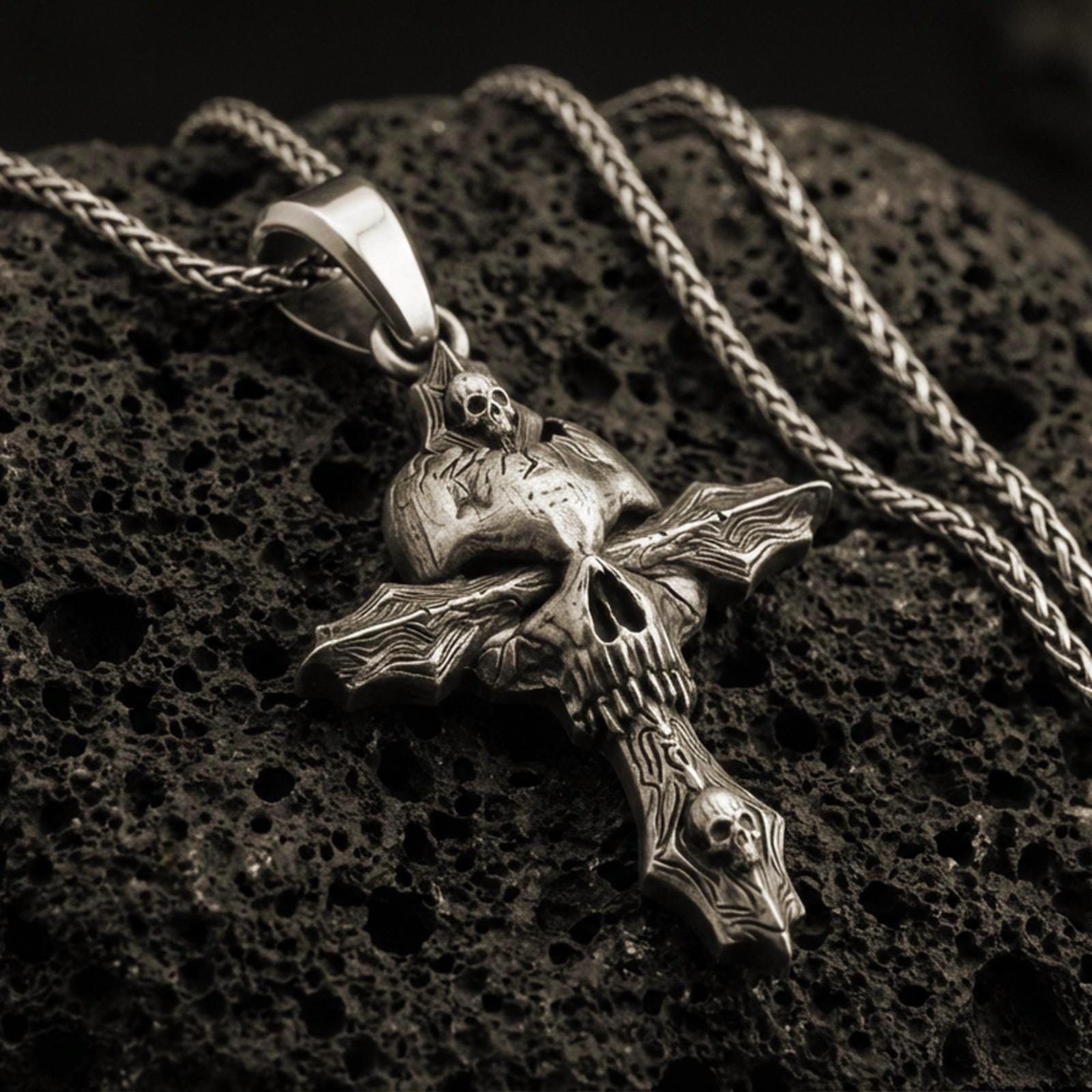 Bronze gothic skull cross pendant with layered skull details and dark textured relief displayed on dark volcanic rock in a close-up luxury jewelry composition