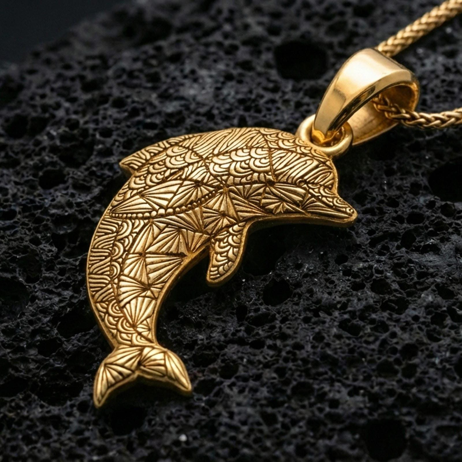 Gold plated dolphin pendant necklace presented on porous volcanic rock, highlighting the patterned surface in a luxurious close-up jewelry image.