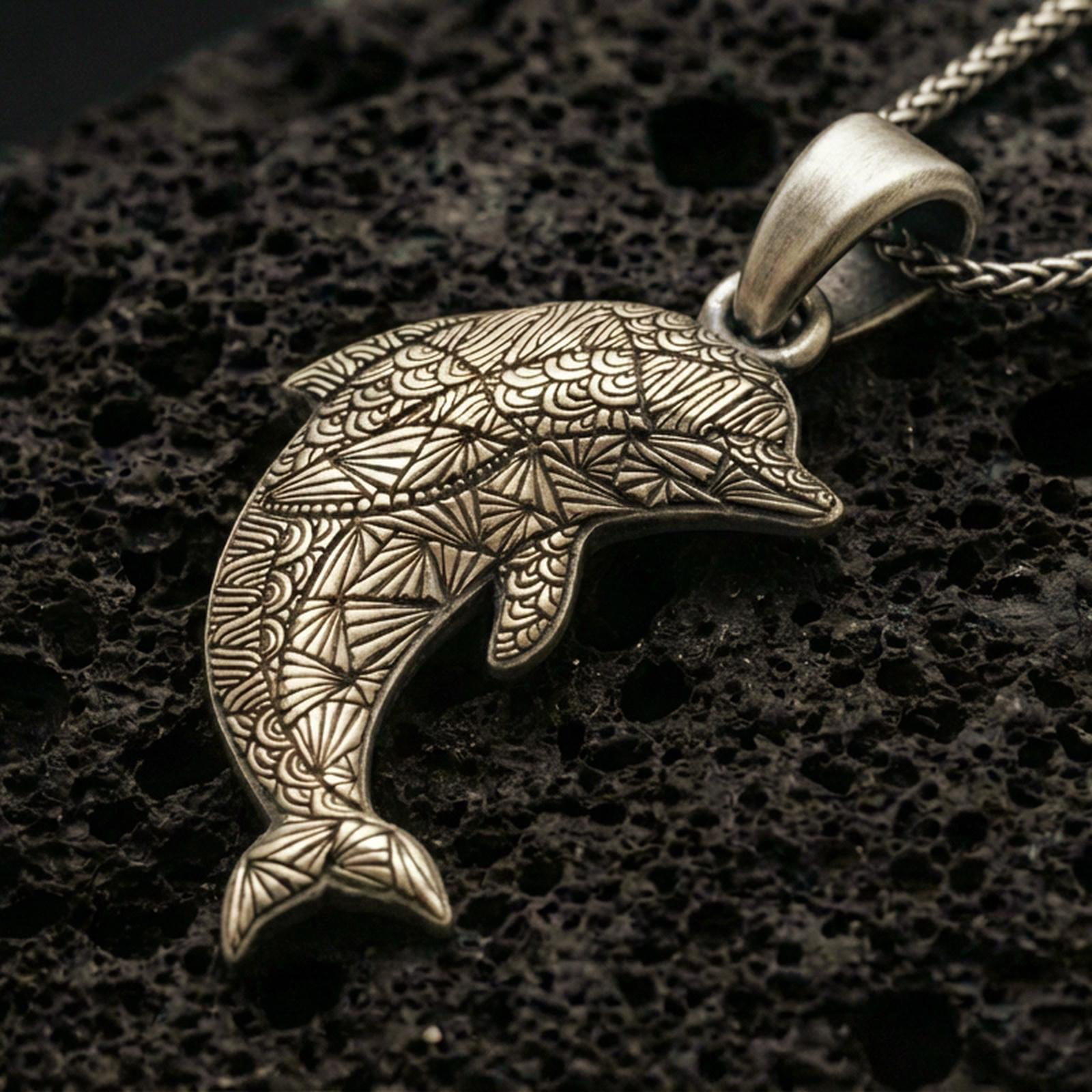 Bronze dolphin pendant necklace with an oxidized finish resting on textured volcanic rock, captured in a close-up premium studio composition.