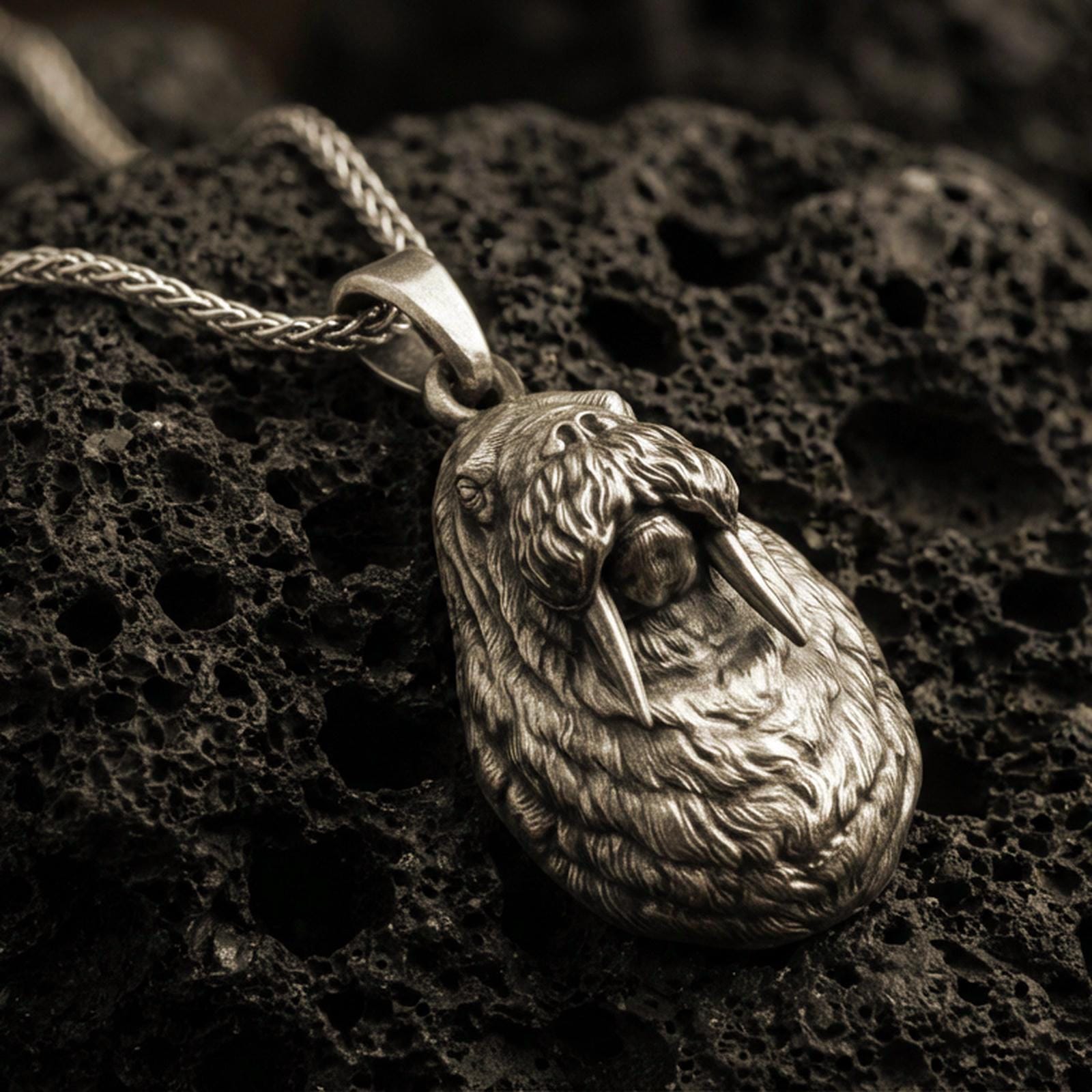 Bronze walrus pendant necklace with an oxidized finish resting on textured volcanic rock, captured in a close-up premium studio composition.