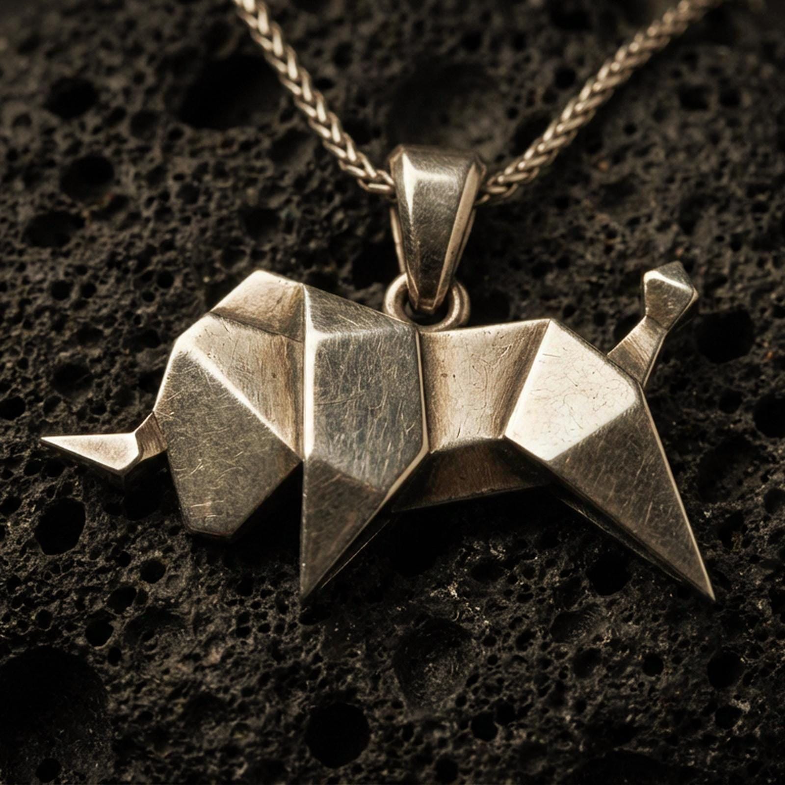 Bronze origami elephant pendant necklace with an oxidized finish resting on textured volcanic rock, captured in a close-up premium studio composition.