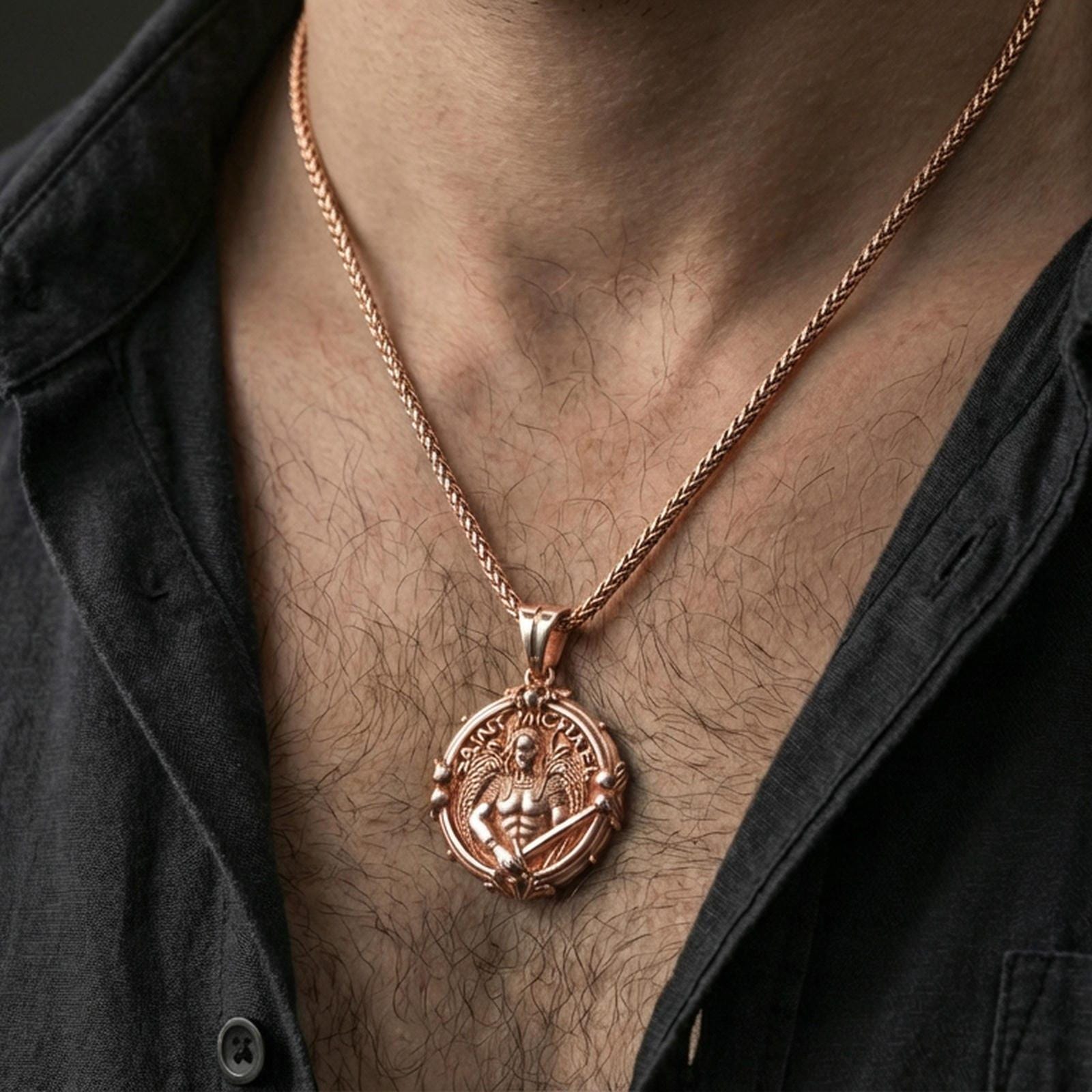 Rose gold plated Archangel Michael pendant with sword, wings, and saint inscription worn on the neck in a refined lifestyle shot with a warm and powerful presentation