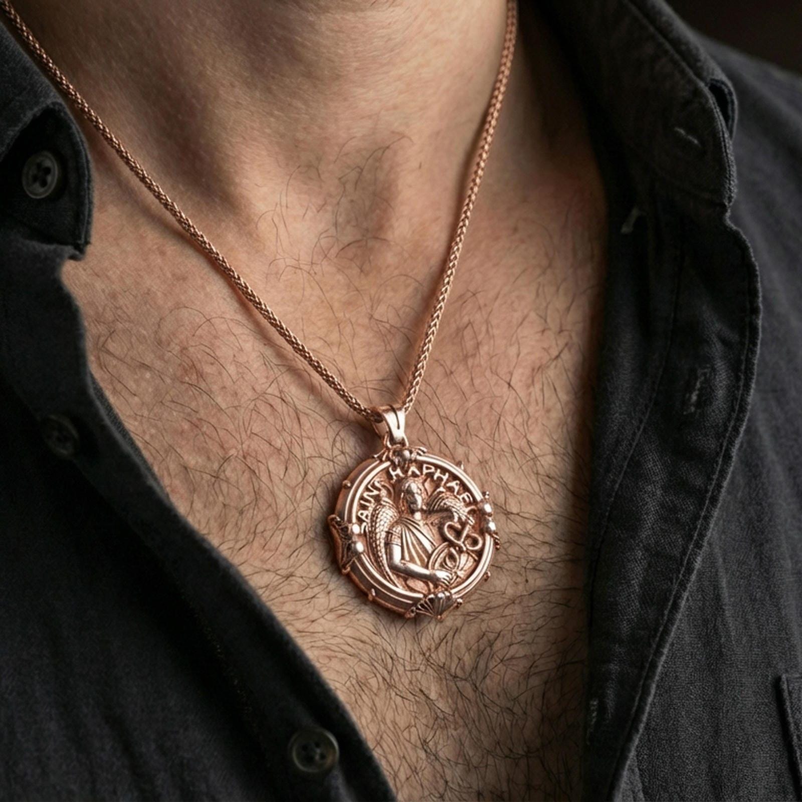 Rose gold plated Archangel Raphael pendant with sacred healing symbol and angelic figure worn on the neck in a refined lifestyle shot with a warm and elegant presentation