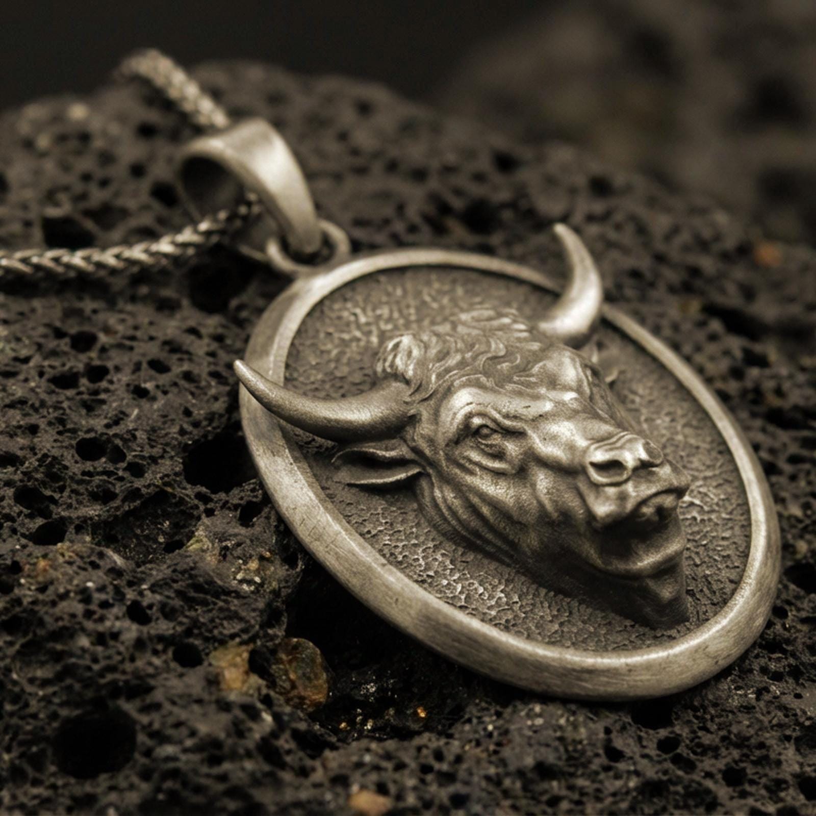 Bronze bull pendant necklace with an oxidized finish resting on textured volcanic rock, captured in a close-up premium studio composition.
