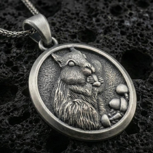 Sterling silver squirrel pendant necklace with an oxidized finish resting on textured volcanic rock, captured in a close-up premium studio composition.