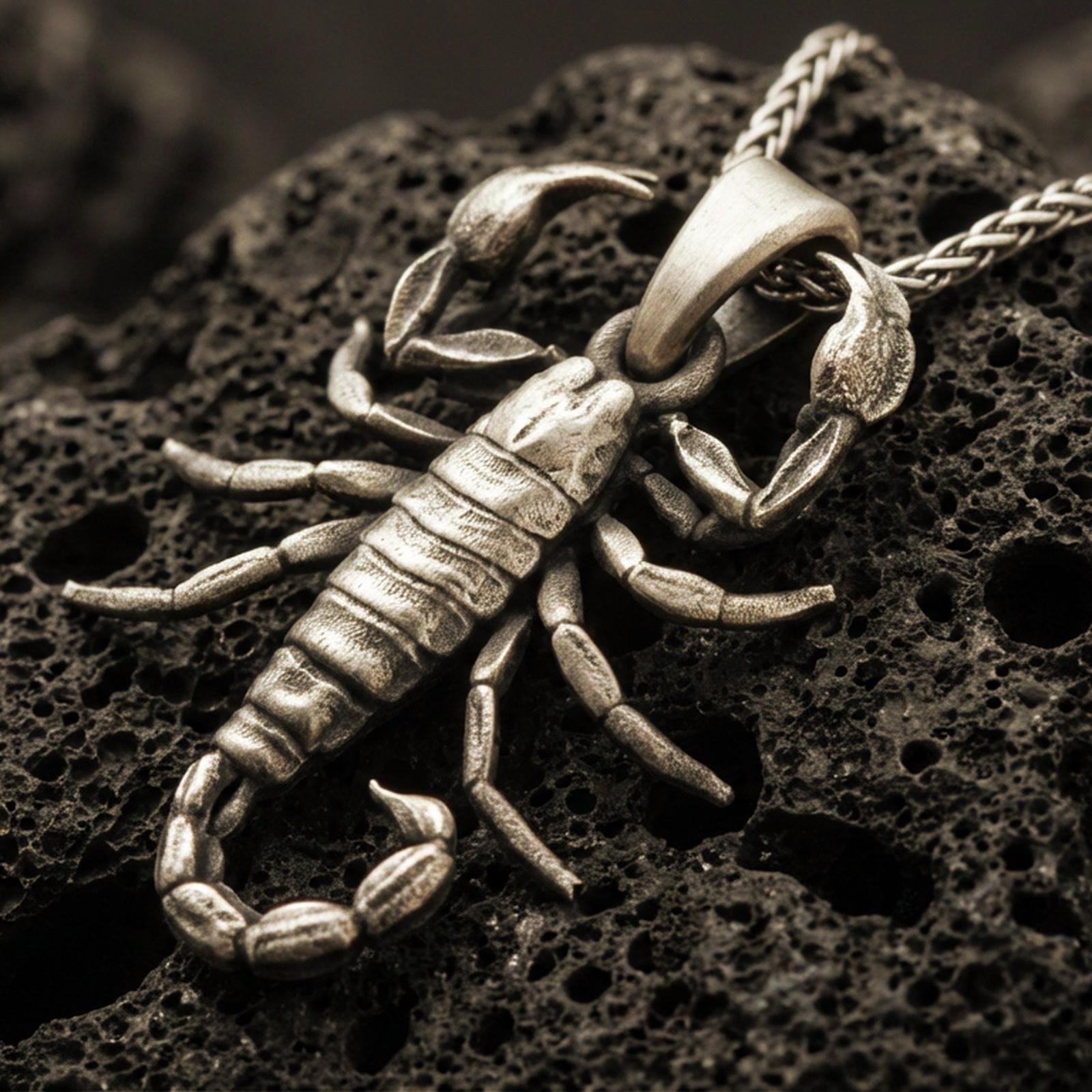 Bronze scorpion pendant necklace with an oxidized finish resting on textured volcanic rock, captured in a close-up premium studio composition.