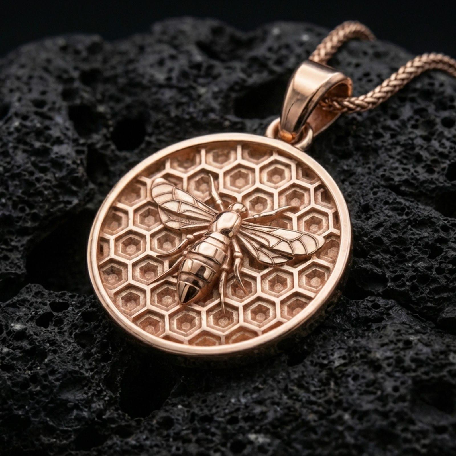 Rose gold plated bee pendant necklace on dark volcanic rock, photographed in a detailed premium studio macro view.