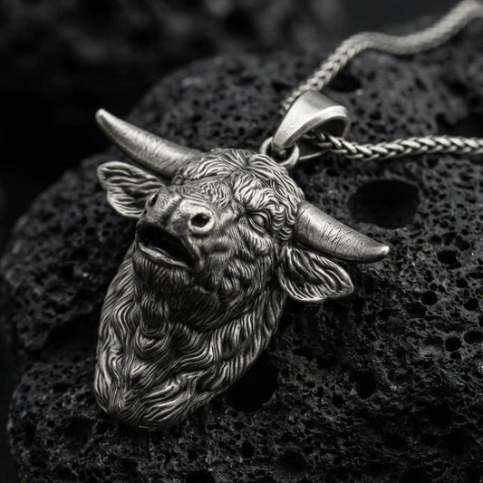 Sterling silver buffalo head pendant necklace with an oxidized finish resting on textured volcanic rock, captured in a close-up premium studio composition.