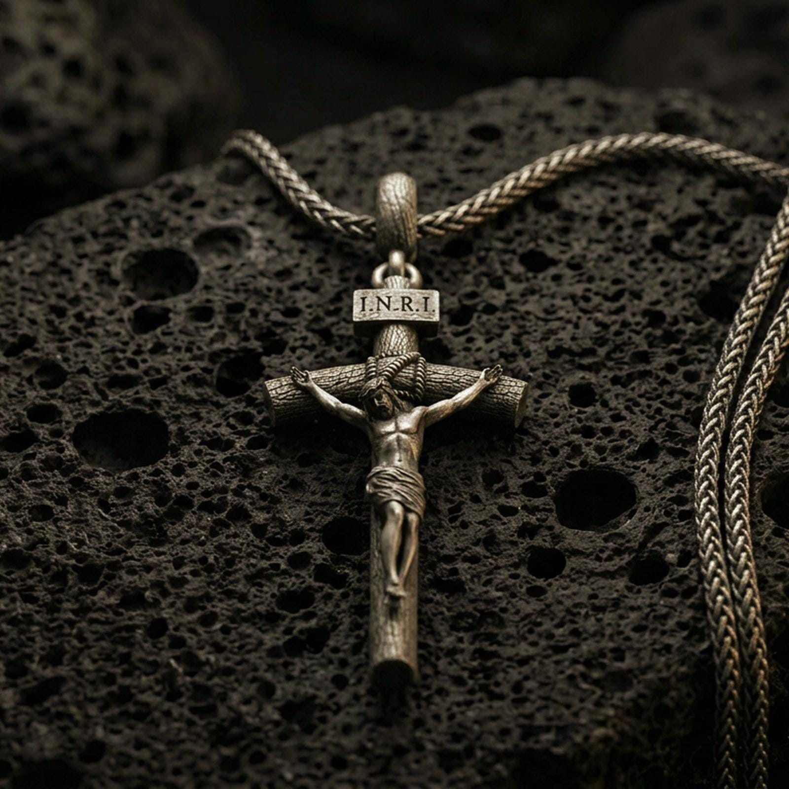 Bronze INRI crucifix pendant with sculpted Jesus figure and wood-textured cross displayed on dark volcanic rock in a close-up luxury jewelry composition