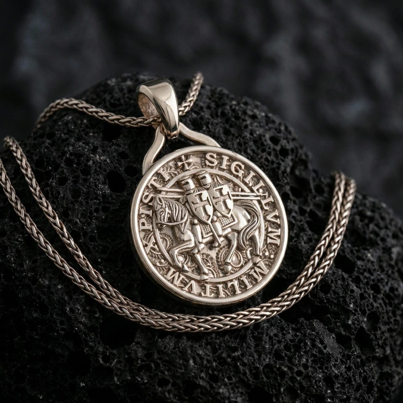 Polished silver Knights Templar seal pendant necklace displayed on black volcanic rock, shown in a refined macro product shot with engraved medieval lettering and mounted knight detail.