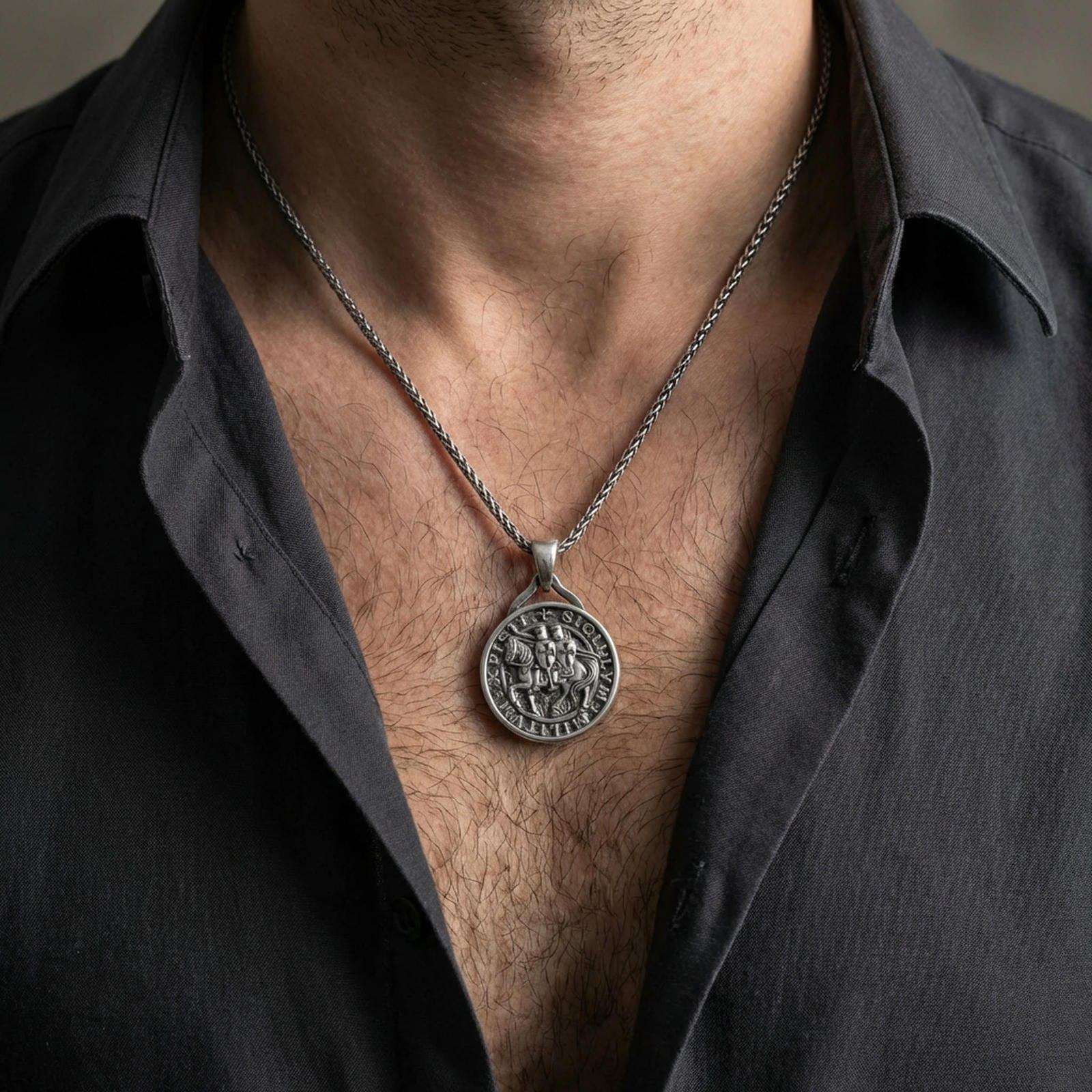 Oxidized Knights Templar seal pendant necklace worn on the neck, styled in a dark lifestyle portrait with an open shirt and masculine presentation.