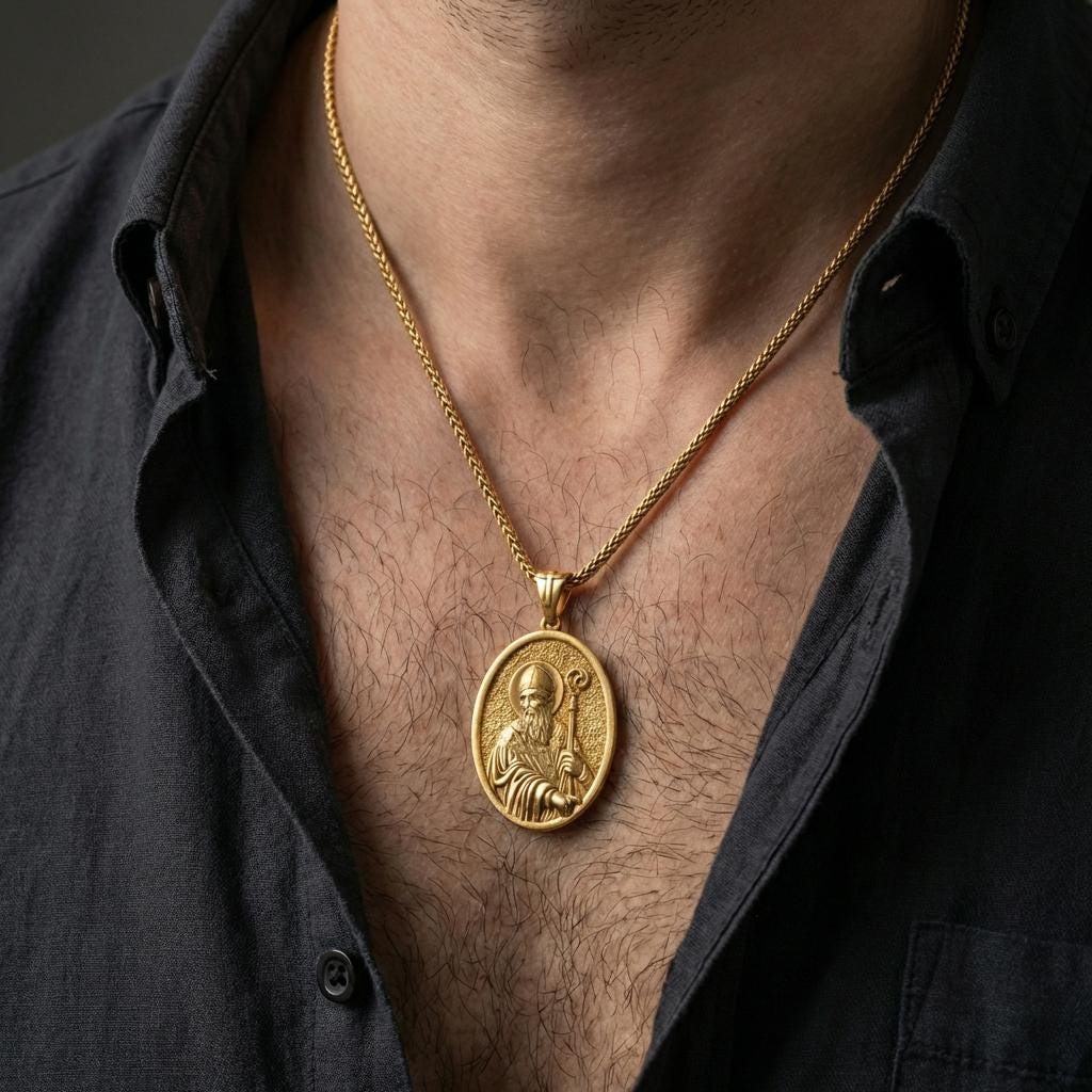 Gold plated Saint Patrick pendant necklace worn on the neck, captured on a human model in a premium dark-toned lifestyle frame.