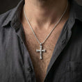 Load image into Gallery viewer, Polished silver Orthodox cross pendant necklace worn on the neck, shown against the chest in a clean and elegant everyday wear composition.
