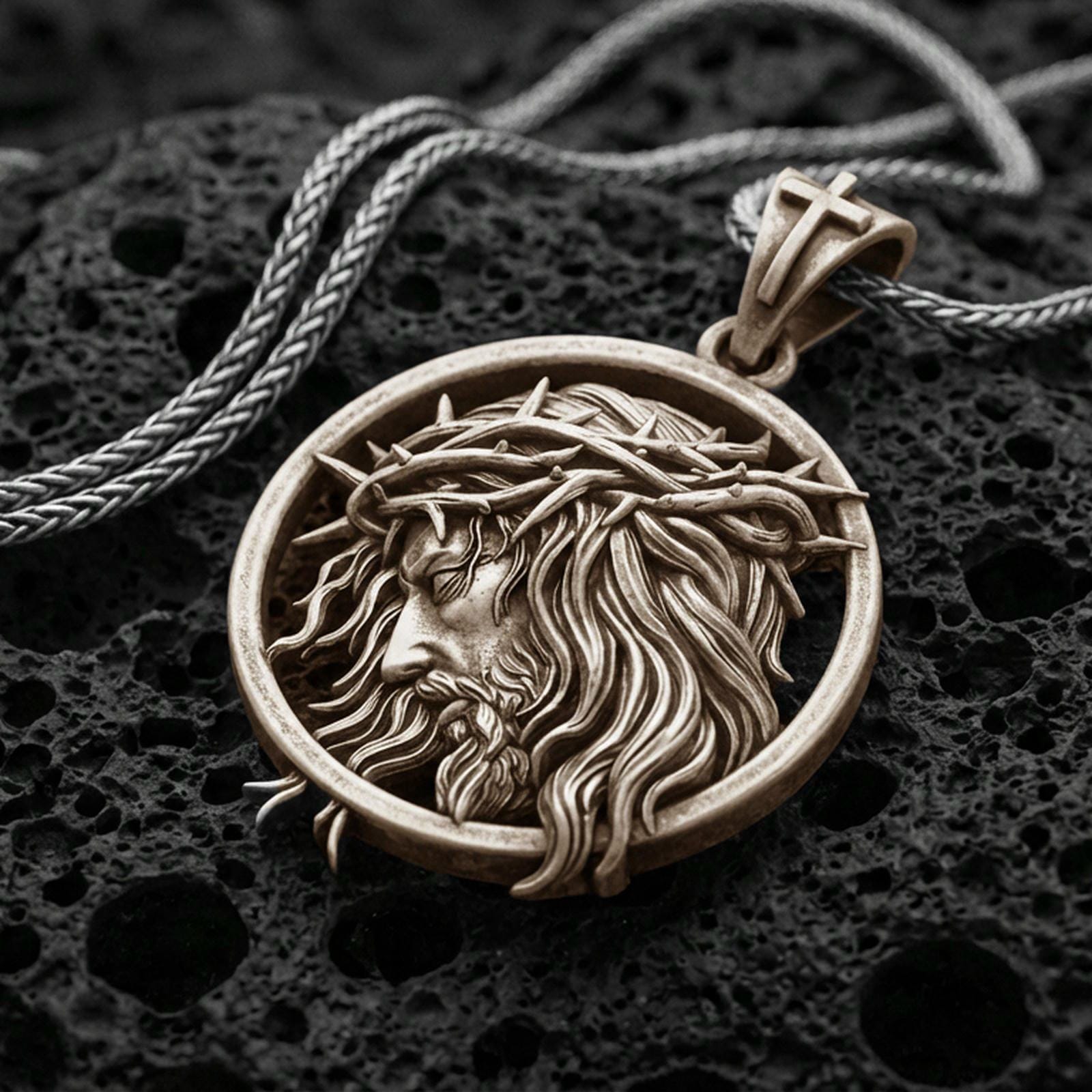 Bronze Jesus crown of thorns pendant with side profile portrait and flowing hair detail displayed on dark volcanic rock in a close-up luxury jewelry composition