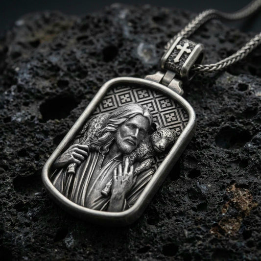 Oxidized Good Shepherd Jesus pendant with lamb over the shoulders and framed devotional portrait displayed on dark volcanic rock in a close-up luxury jewelry composition