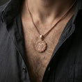 Load image into Gallery viewer, Rose gold plated heart chakra pendant with sacred symbol and hexagram design worn on the neck in a refined lifestyle shot with a warm and balanced presentation
