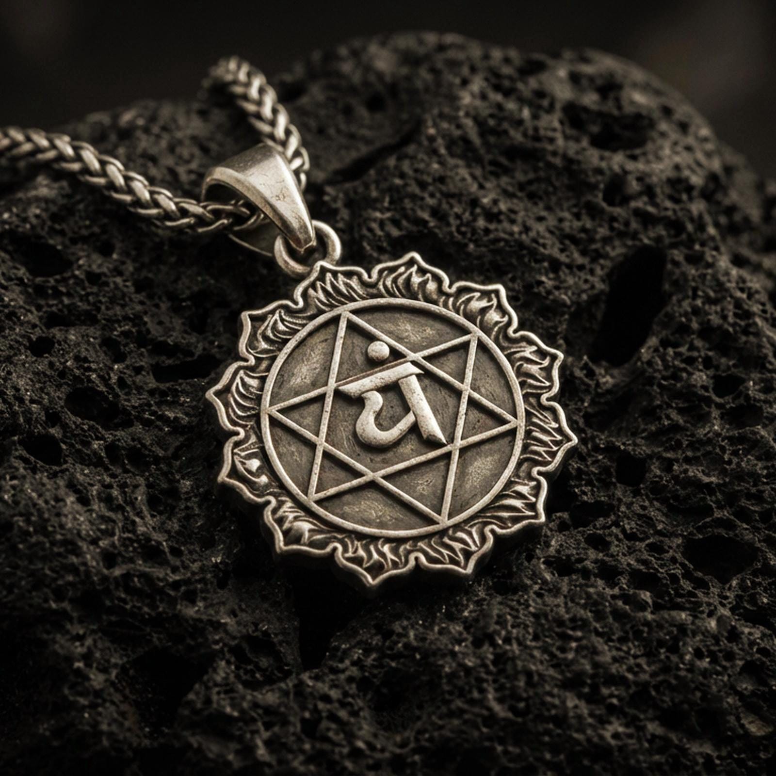 Bronze Anahata chakra pendant with sacred symbol, hexagram motif, and sunburst border displayed on dark volcanic rock in a close-up luxury jewelry composition