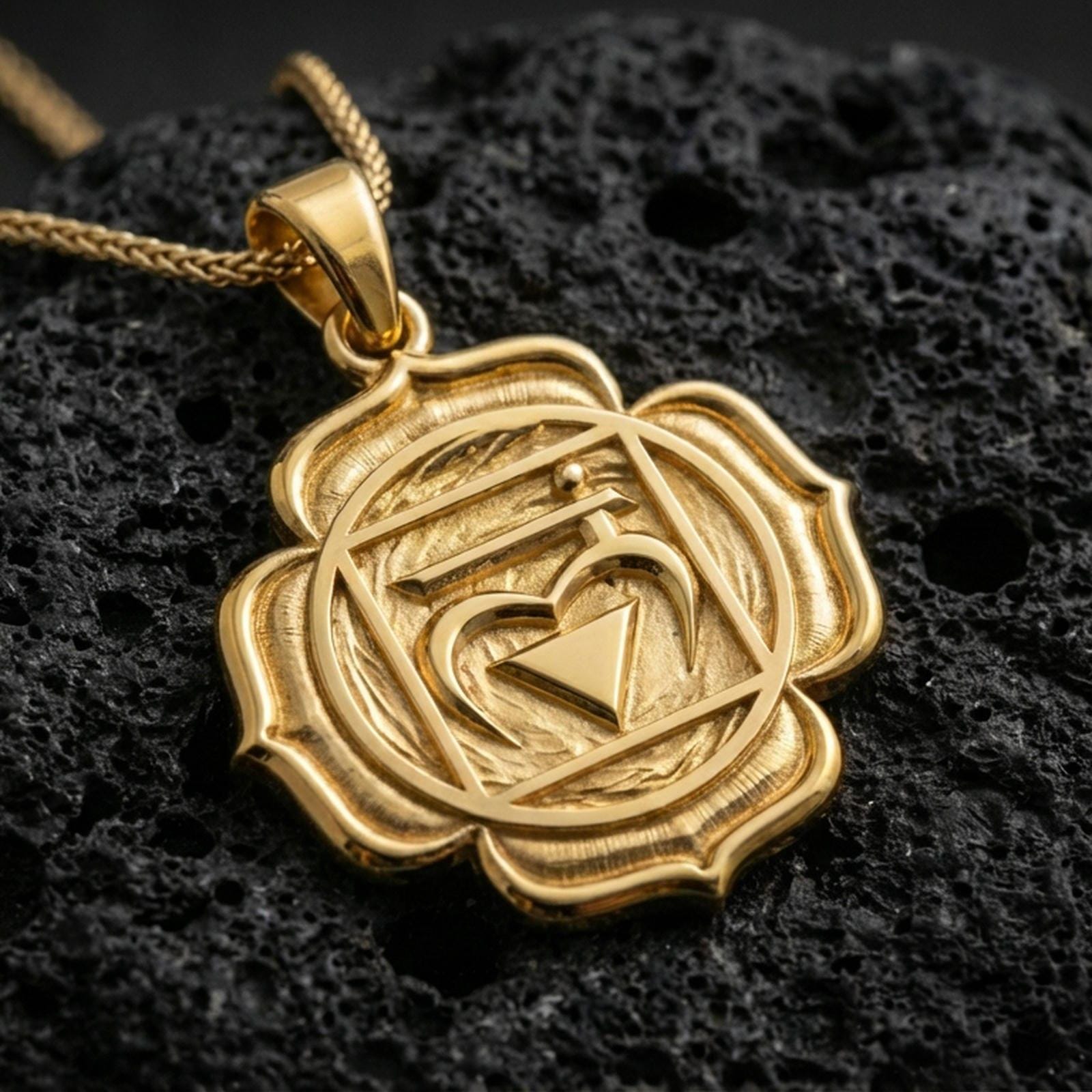 Gold plated heart chakra pendant with symbolic center motif, structured geometric design, and ornate lotus-inspired frame showcased on black volcanic rock in a refined macro jewelry image