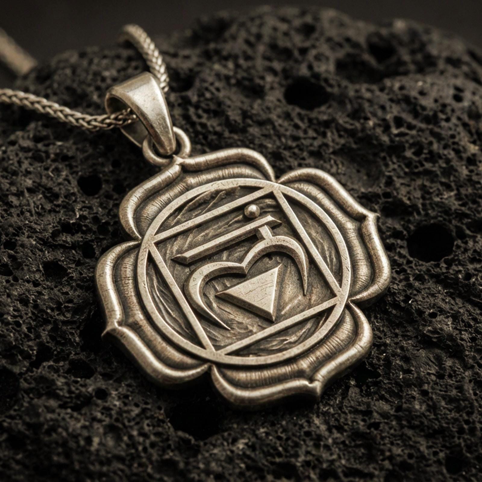 Bronze heart chakra pendant with sacred symbol, geometric frame, and lotus petal border displayed on dark volcanic rock in a close-up luxury jewelry composition