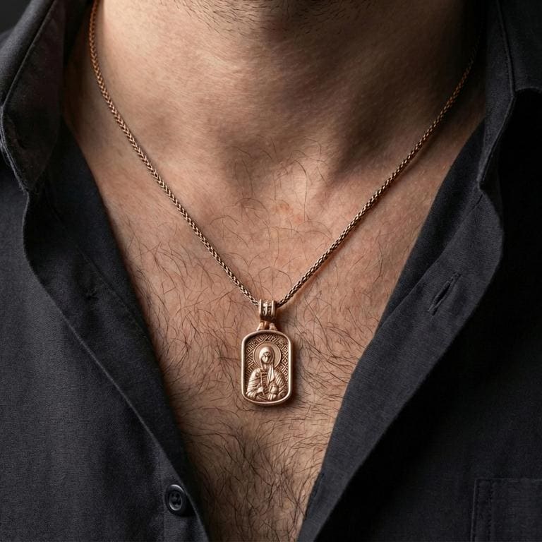 Rose gold plated Saint Anastasia pendant with haloed orthodox portrait and rounded rectangular silhouette worn on the neck in a refined lifestyle shot with a warm and elegant presentation