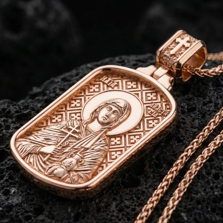 Rose gold plated Saint Anastasia necklace with haloed icon figure, sacred detailing, and rounded rectangular medallion form resting on volcanic rock in an elegant close-up product presentation