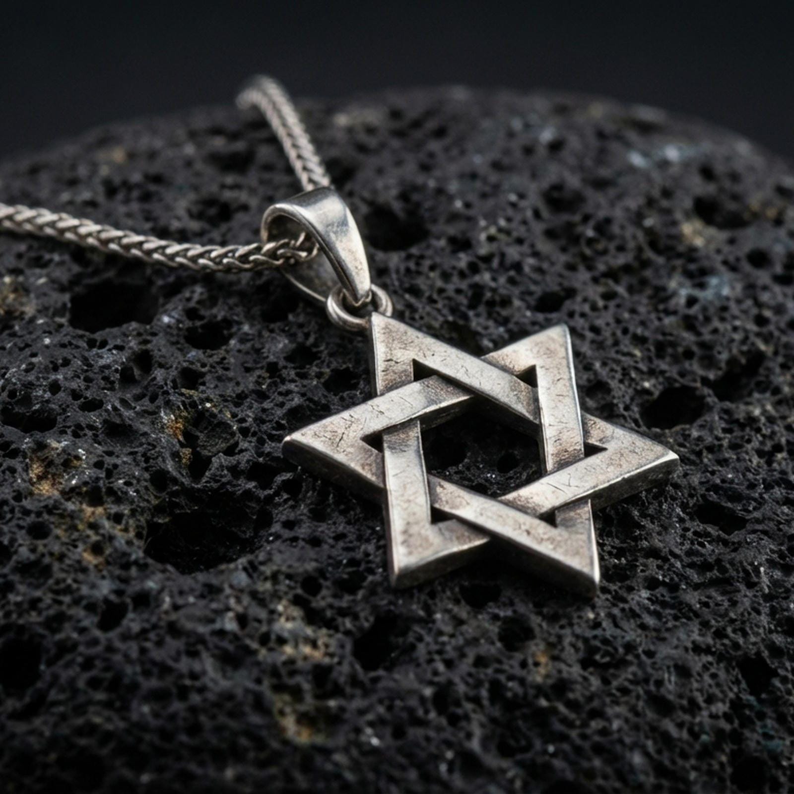 Bronze Star of David pendant with interlocking geometric lines and open hexagram silhouette displayed on dark volcanic rock in a close-up luxury jewelry composition