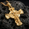 Load image into Gallery viewer, Gold plated Saint Michael pendant with angel warrior motif, Quis Ut Deus inscription, and triumphant battle scene showcased on black volcanic rock in a refined macro jewelry image
