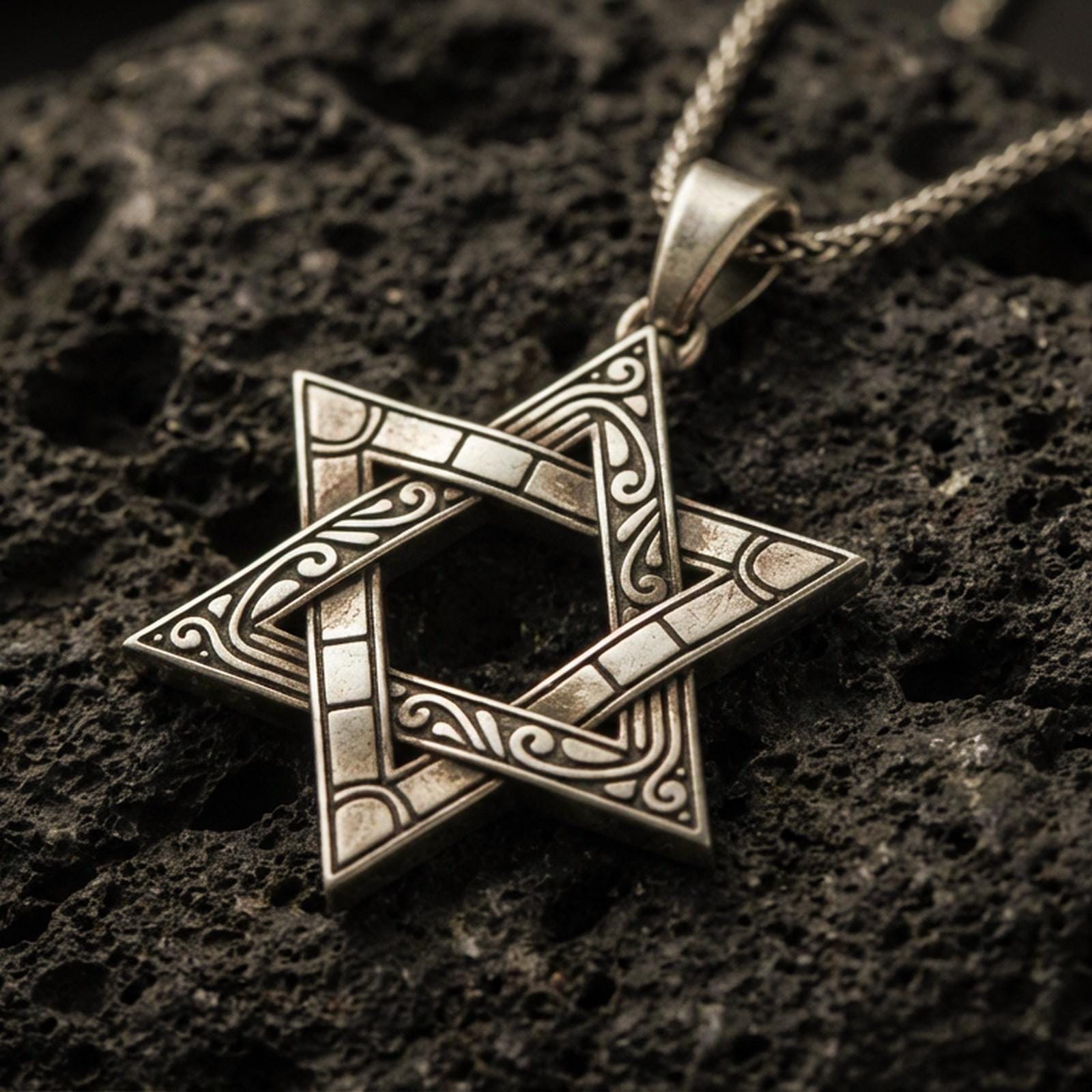 Bronze Star of David pendant with engraved ornamental lines and open hexagram silhouette displayed on dark volcanic rock in a close-up luxury jewelry composition