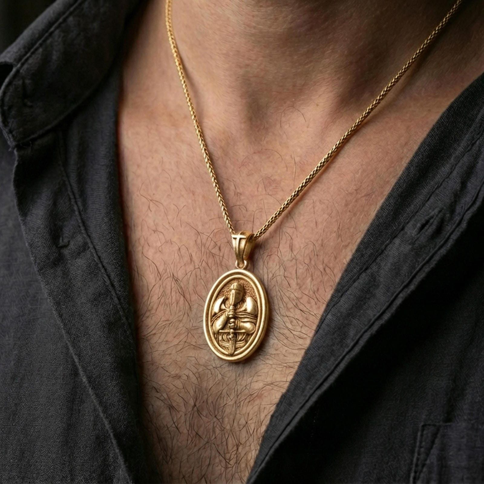 Gold plated Knight Templar pendant with armored knight motif and oval medallion form worn on the neck in a premium lifestyle composition with strong historical jewelry styling